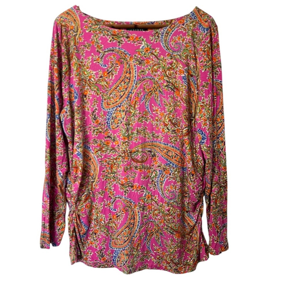 Lauren Ralph Lauren Paisley Print Pink Boat Neck Ruched Sides Coastal Top 2X
